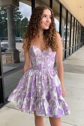 Floral Satin A-Line Homecoming Dress Sleeveless Zipper Built-In Bra